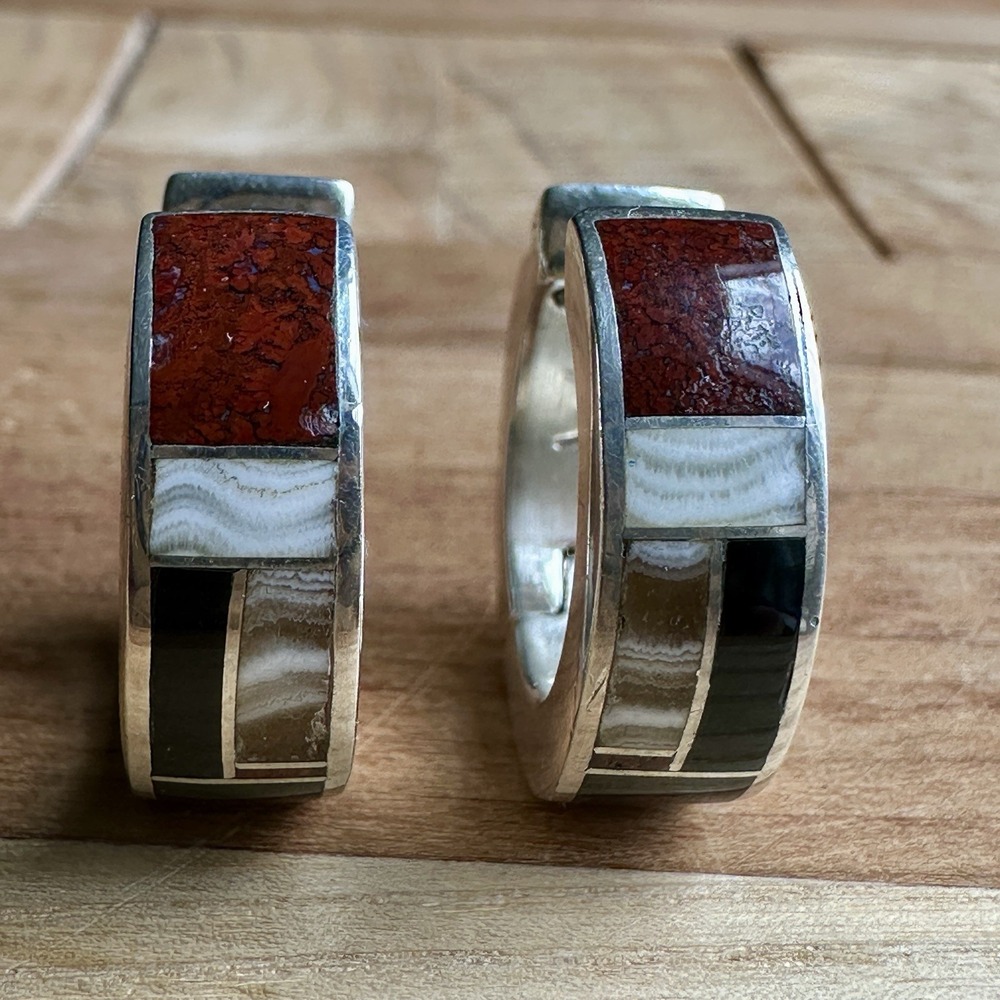 Wayne Etsitty Navajo Hoop Earrings 0.7 in Plume Banded Agate Onyx Sterling 14.0g